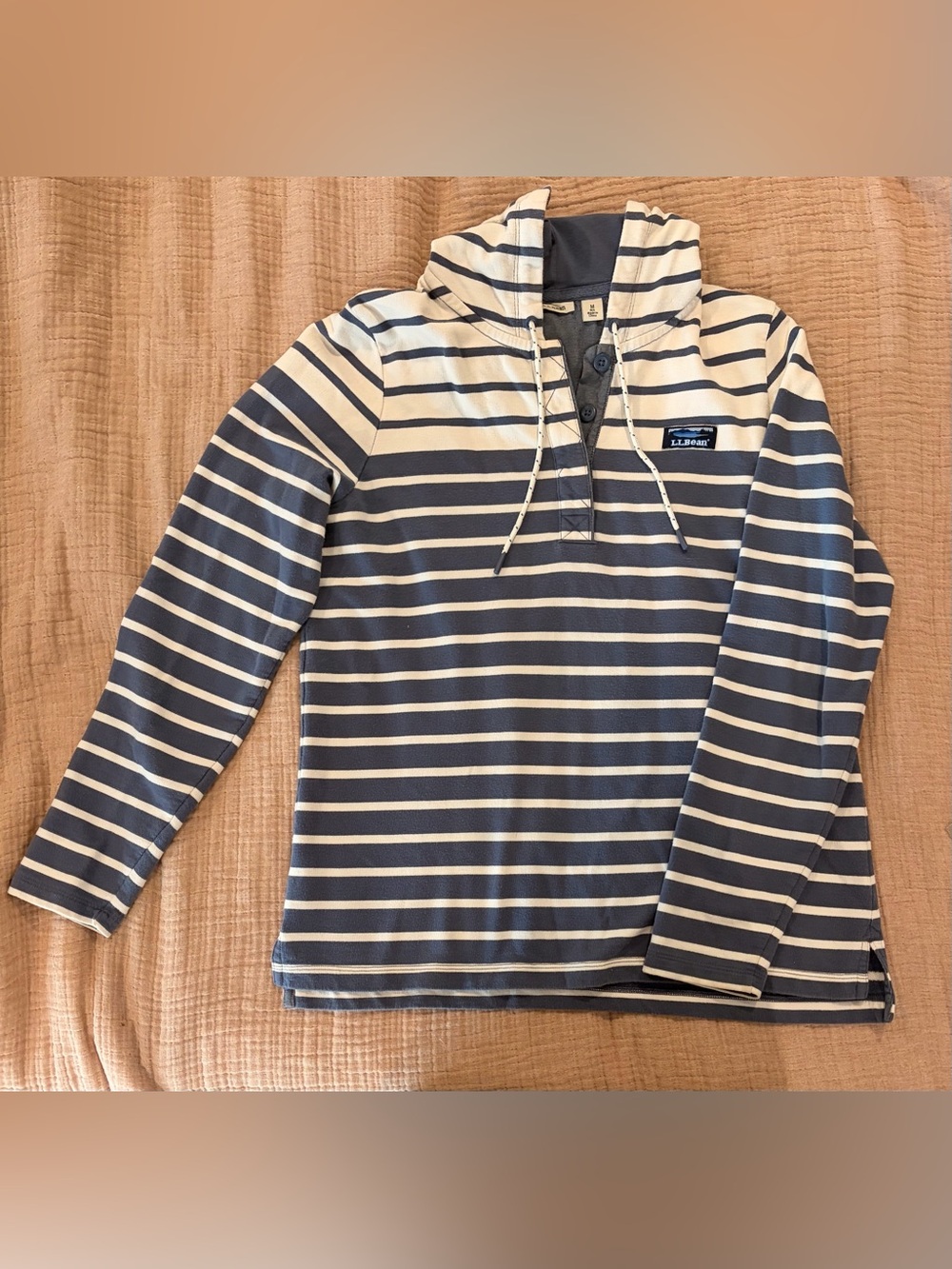 L.L.Bean Women’s Striped Pullover Hoodie Medium Blue White 100% Cotton